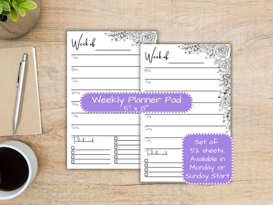 Horizontal Roses Weekly Planner Pad 5x8 | Desk Planning Notepad | Undated Organizer