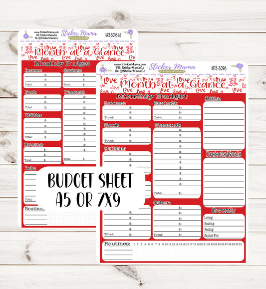 3096 Hearts 'n Kisses || BUDGET STICKER SHEET || Notes Page Stickers || Planner Budget Kit