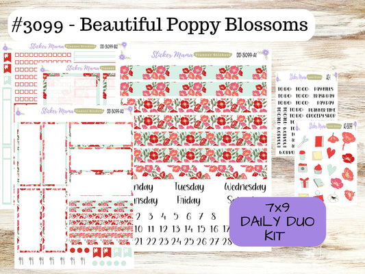 DAILY DUO 7x9-Kit #3099  || Beautiful Poppy Blossoms || Planner Stickers - Daily Duo 7x9 Planner - Daily Duo Stickers - Daily Planner