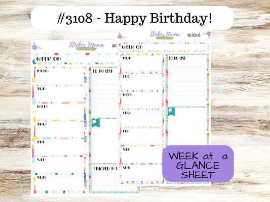 WEEK at a GLANCE-Kit #3108  || Happy Birthday!  || Week at a Glance - weekly glance 7x9 or a5