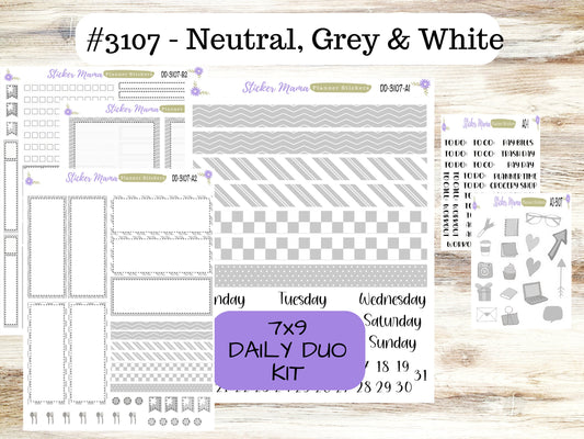 DAILY DUO 7x9-Kit #3107  || Neutral, Grey & White  || Planner Stickers - Daily Duo 7x9 Planner - Daily Duo Stickers - Daily Planner