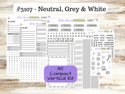 A5 COMPACT VERTICAL-Kit #3107 || Neutral, Grey & White - Compact Vertical - Planner Stickers - Erin Condren Compact Vertical Weekly Kit