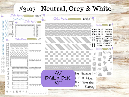 3107 - A5 DAILY DUO  ||  Neutral, Grey & White || Daily Duo A5 Planner Stickers - Daily Duo A5 Planner - Daily Duo Stickers - Daily Planner