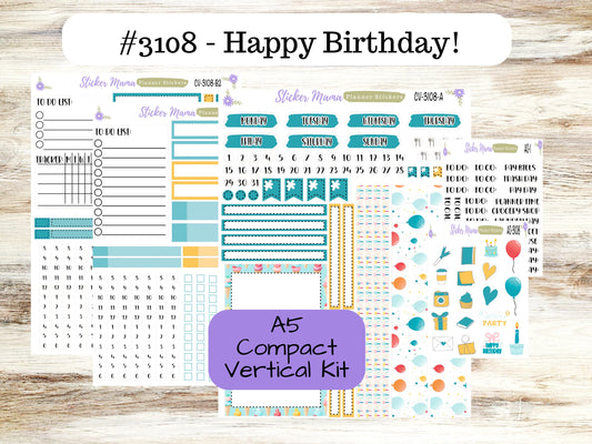 A5 COMPACT VERTICAL-Kit #3108 ||  Happy Birthday! - Compact Vertical - Planner Stickers - Erin Condren Compact Vertical Weekly Kit