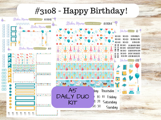 3108 - A5 DAILY DUO  ||  Happy Birthday! || Daily Duo A5 Planner Stickers - Daily Duo A5 Planner - Daily Duo Stickers - Daily Planner